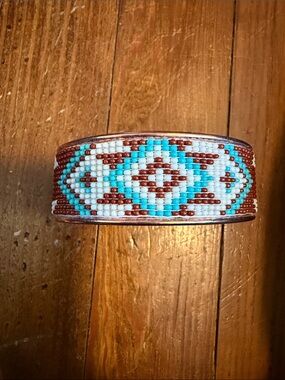 Handmade Beaded Cuff Bracelet in Turquoise, White & Brown